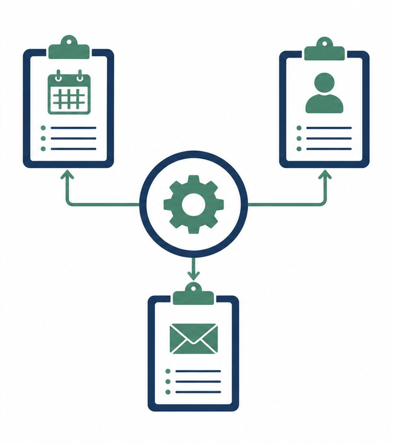 Three clipboards connected to a central hub — organized system