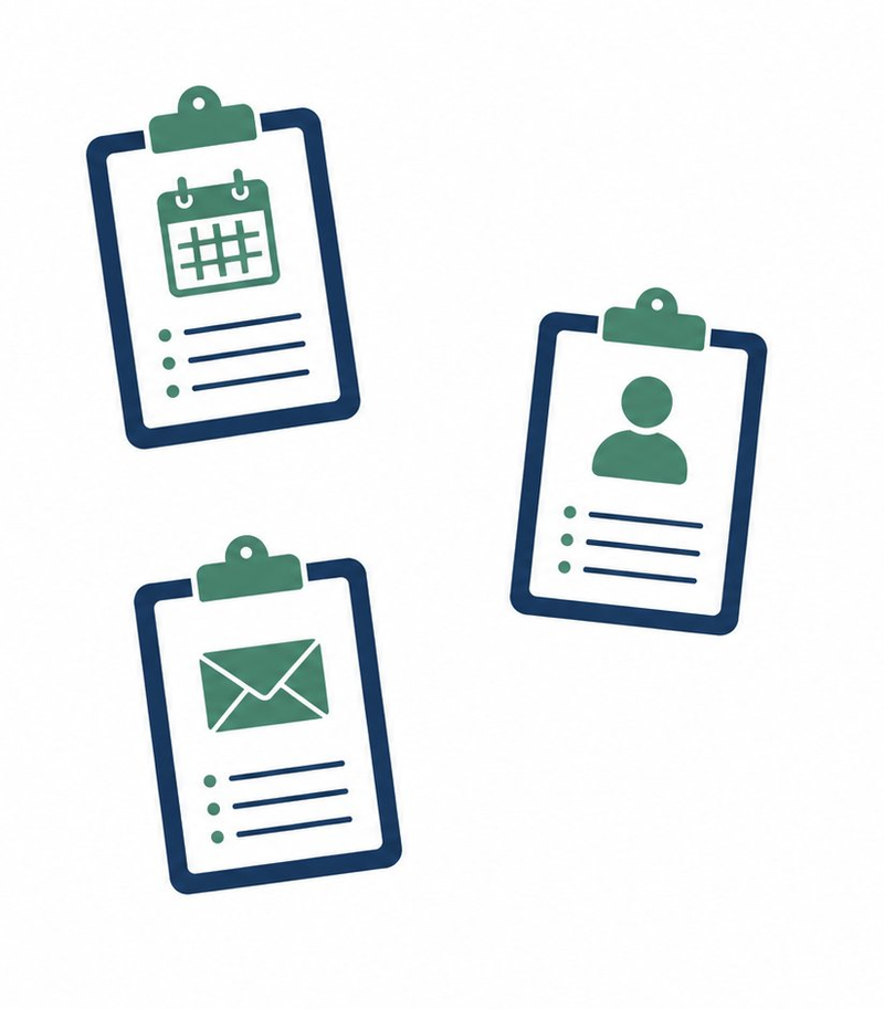 Three disconnected clipboards — isolated information silos