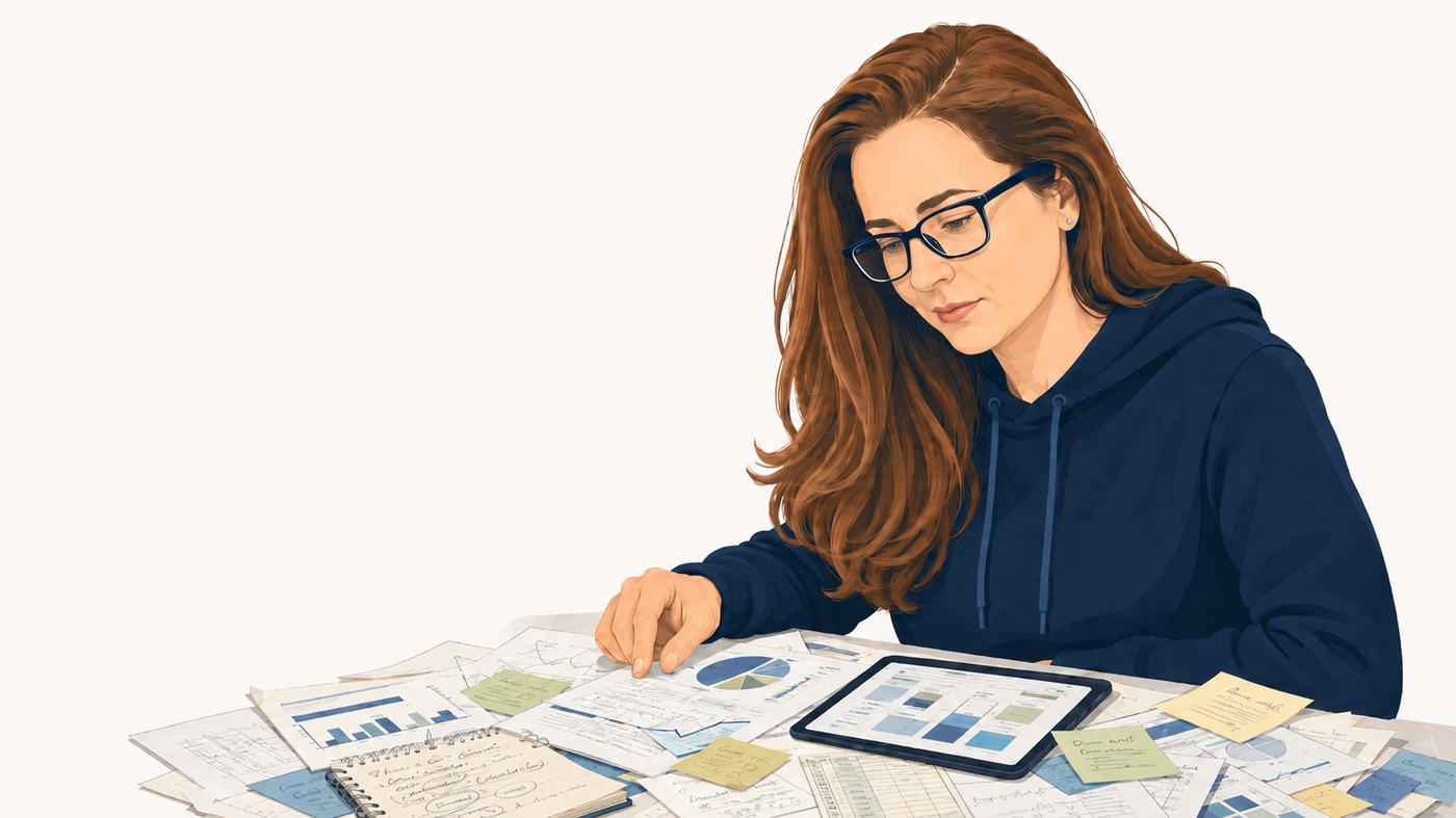 Reviewing a client's chaotic operation — documents, notes, tablet spread across the table