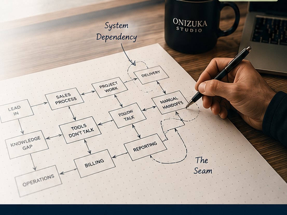 A hand-drawn map of a business workflow, with the dependency between two steps and the seam between systems marked