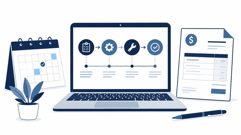 Laptop workflow calendar and invoice illustration